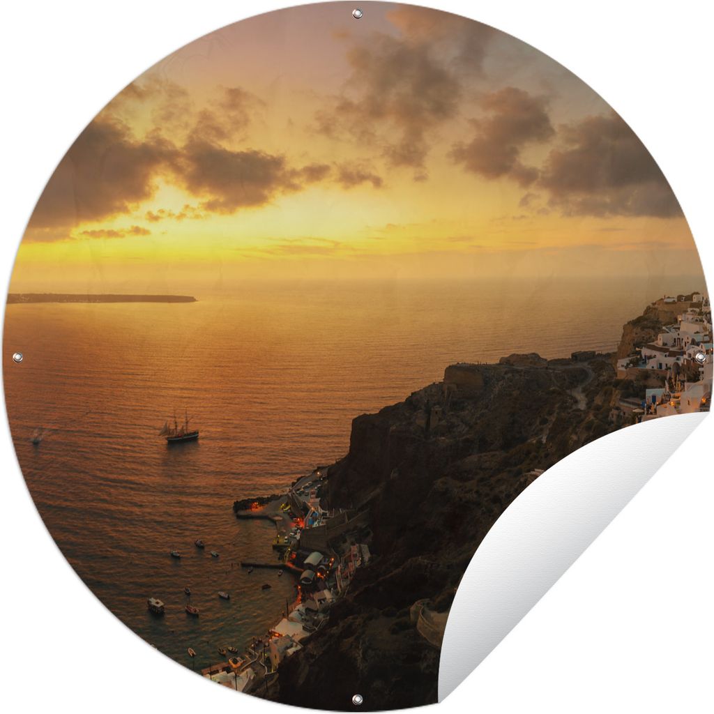 MuchoWow Gartenposter Outdoor-Poster Rund Das Fischerdorf von Santorini Griechenland bei Sonnenuntergang Ø 120 cm Gartendeko Rundes Poster draußen