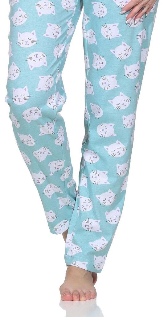 Normann Damen langarm Schlafanzug Pyjama mit niedlichen Katzenmotiv – auch in Übergröße ; türkis , 52