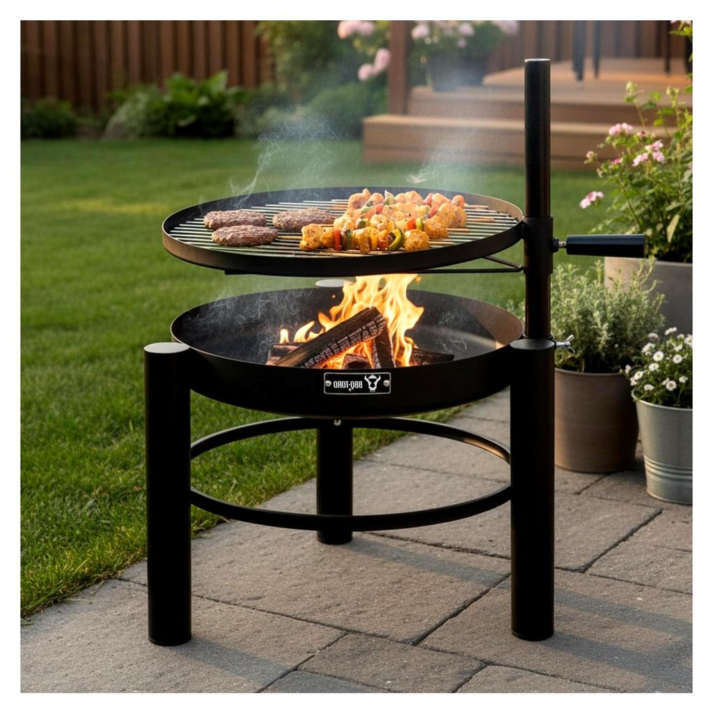 Feuerschale mit Grillrost Ø 50 cm | Höhenverstellbarer Grillrost, 2-in-1 Feuerkorb | Mobile Feuerstelle, Holzkohlegrill, Dreibein Feuertonne, Gri...
