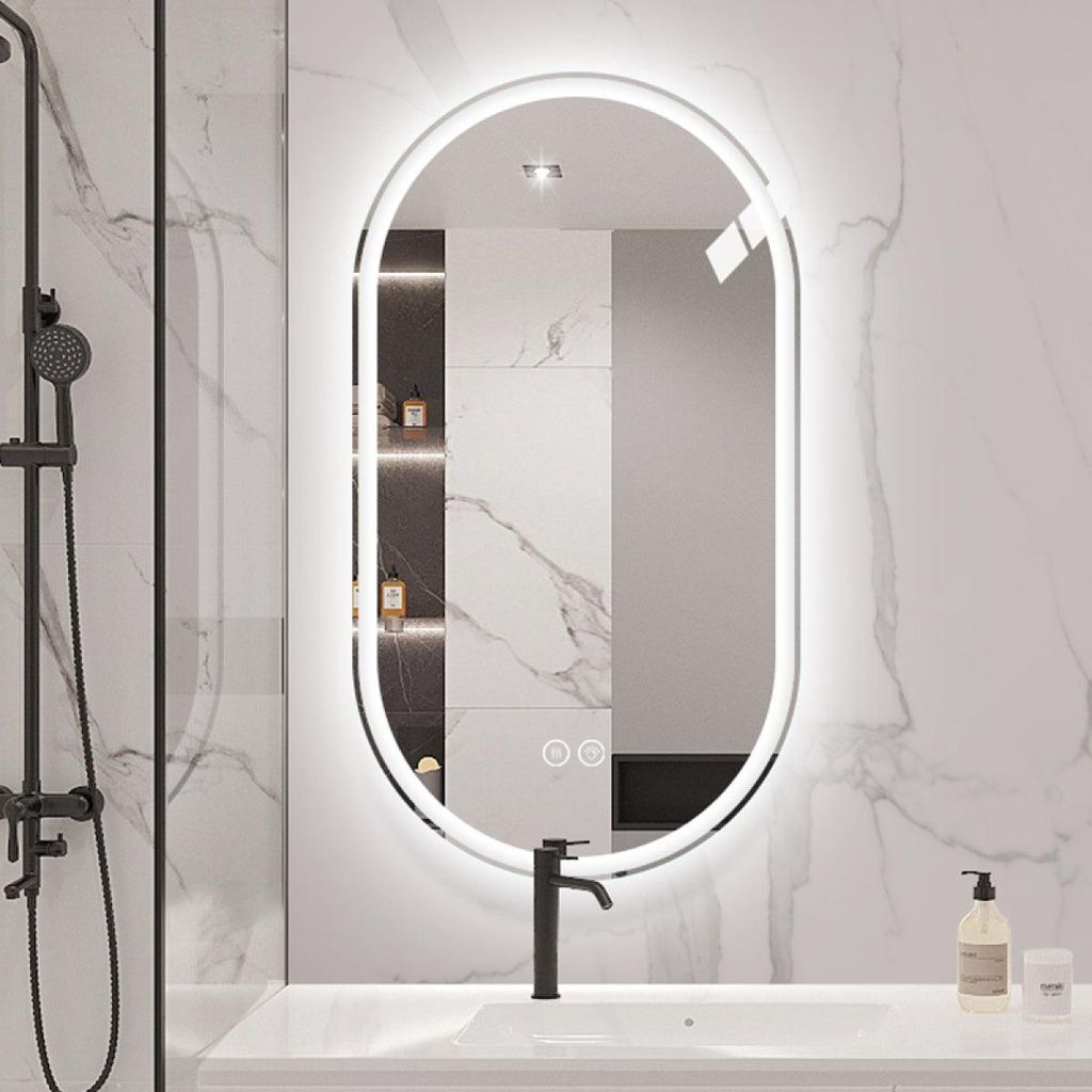 Ovaler LED Badezimmerspiegel 60×90 cm – rahmenlos, dimmbar, Anti-Beschlag, Touchscreen, Wandmontage, Smart Mirror