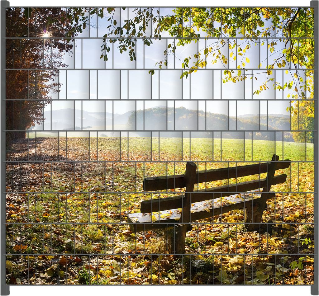 Wallario Zaunsichtschutz mit Motiv Idyllische Holzbank in den Bergen für Ein- und Doppelstabmatten Zäune in der Größe 200 x 180 cm