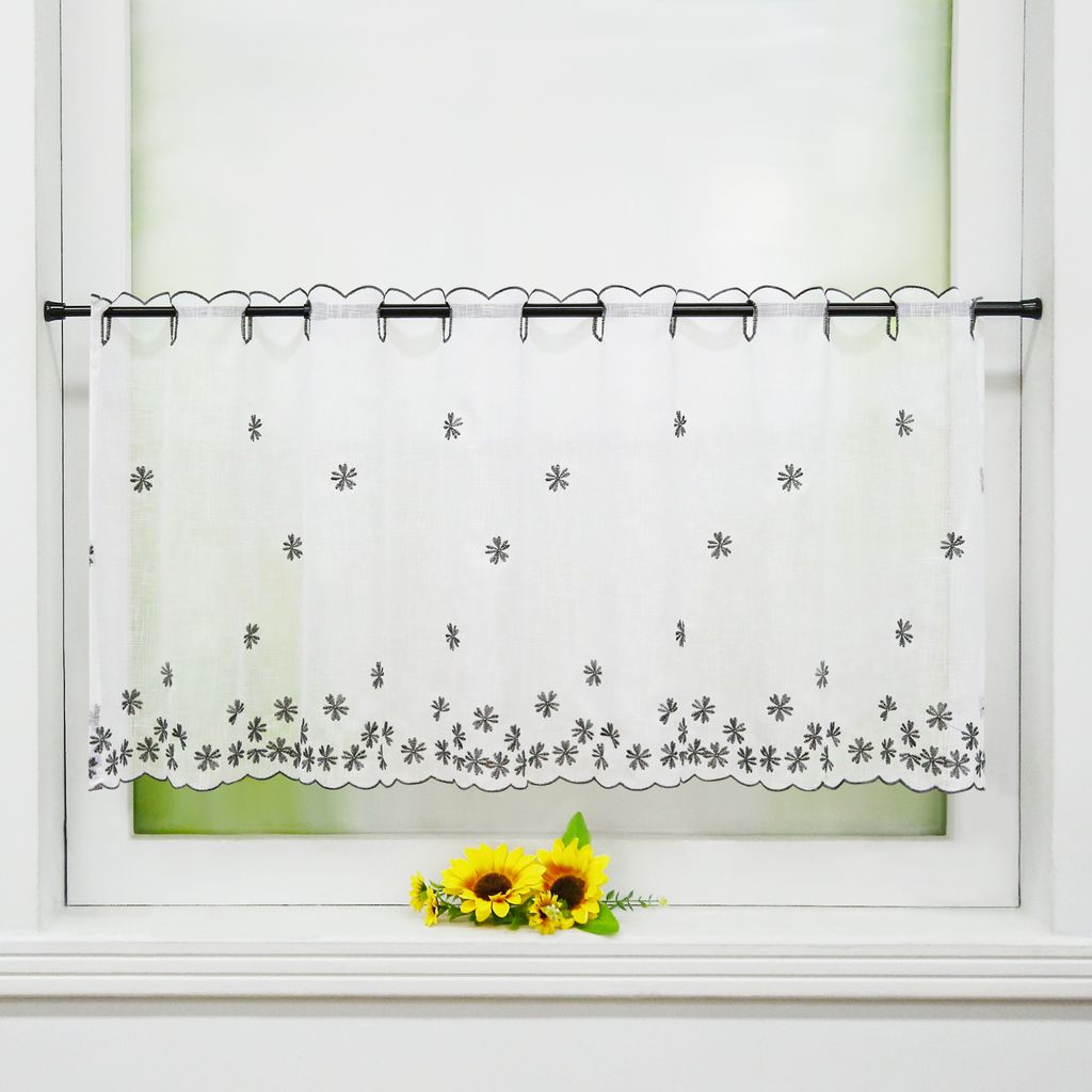 Scheibengardine, Bistrogardinen Vintage, Blumenstickerei Leinenoptik Transparent Bestickt Kurzstore, Stangendurchzug, Grau HxB 30x120 cm