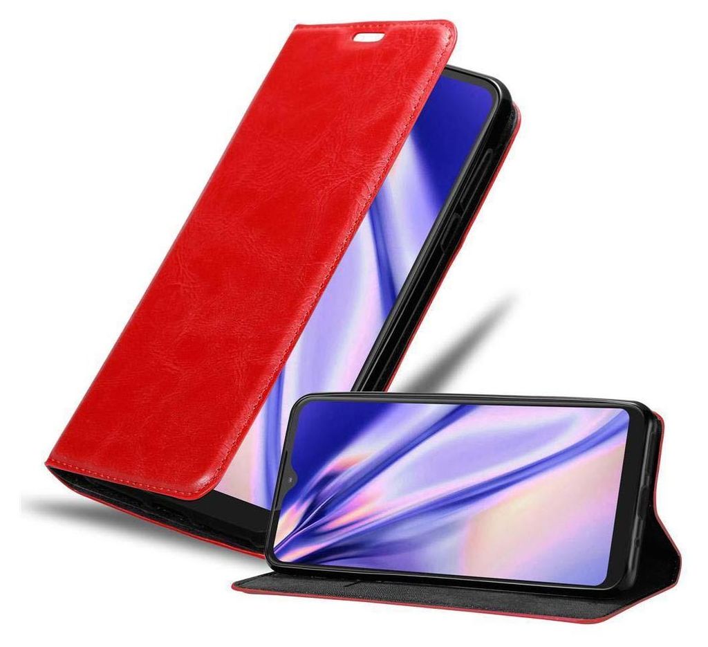 A red flip phone case is shown open, revealing a smartphone inside. Another smartphone in a similar case is shown in the foreground.