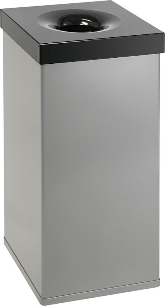 Selbstlöschender eckiger Abfallsammler aus Aluminium | 110 Liter, HxBxT 76,5x37x37cm | Alu-Grau, Kopfteil Schwarz