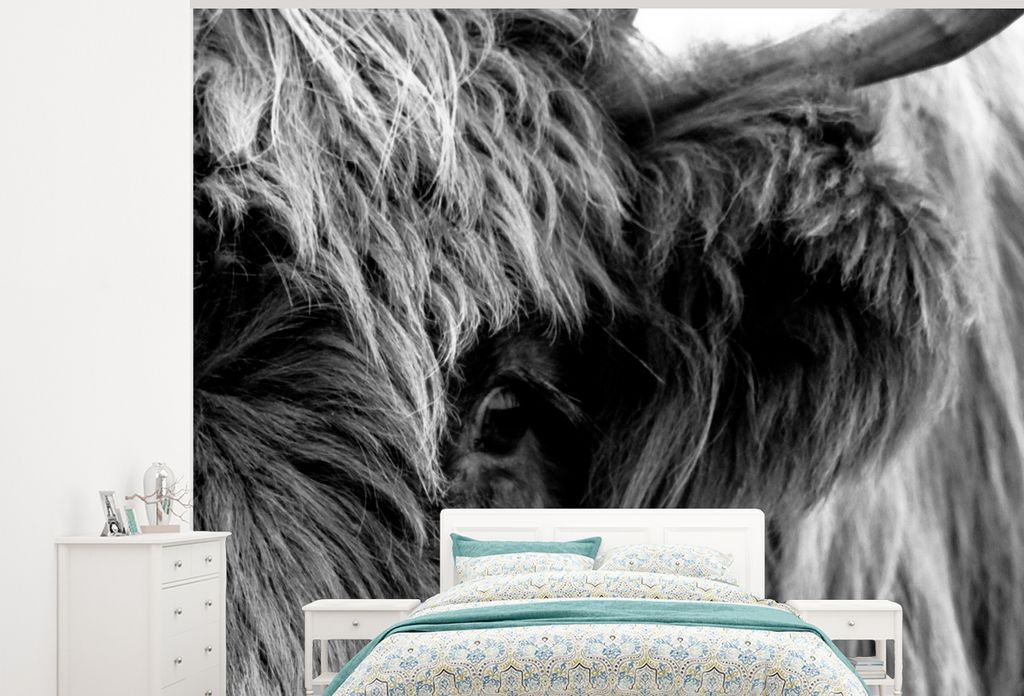 MuchoWow Fototapete für Wohnzimmer oder Schlafzimmer Wandtapete Vinyl Motivtapete Scottish Highlander - Auge - Schwarz - Weiß - 300x240 cm - Fo...