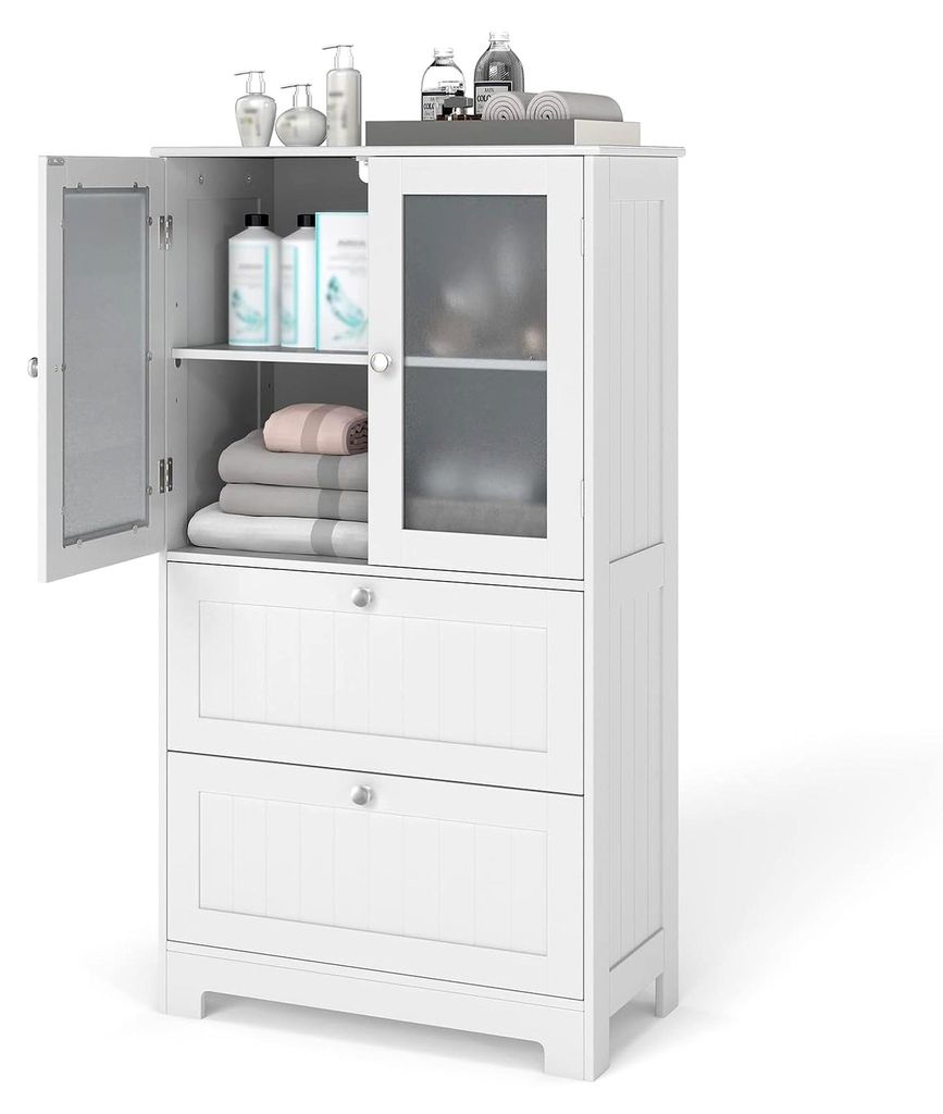 Badezimmerschrank aus Holz mit 2 Schubladen und 2 Glastüren, Hochschrank mit verstellbarem Regal, Aufbewahrungslösung für Badezimmer, Küche und...