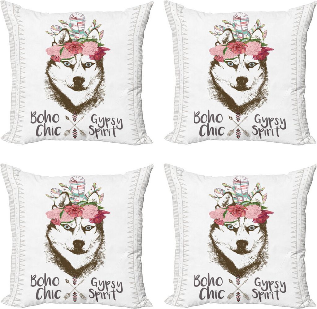 ABAKUHAUS Wolf Kissenbezug Set (4 Stück), Blumen Federn Husky, Moderner Doppelseitiger Digitaldruck, 40 cm x 40 cm, Mehrfarbig