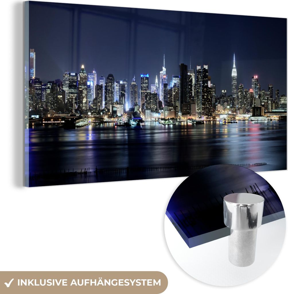 MuchoWow Glasbilder - Bilder auf Wandbild - Foto auf Glas New York - Licht - Skyline 80x40 cm Wanddekoration aus Glas - Acrylglasbild - Acrylbilder...