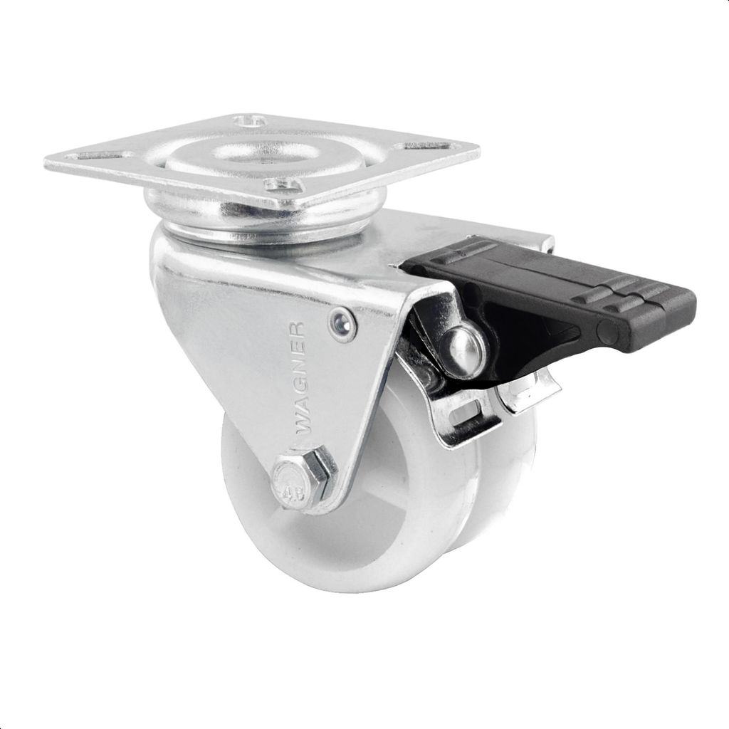 WAGNER Doppel-Lenkrolle ECO - Ø 50 mm, Stahl verzinkt, weiß, Bremse, Anschraubplatte, Tragkraft 70 kg - 03325201