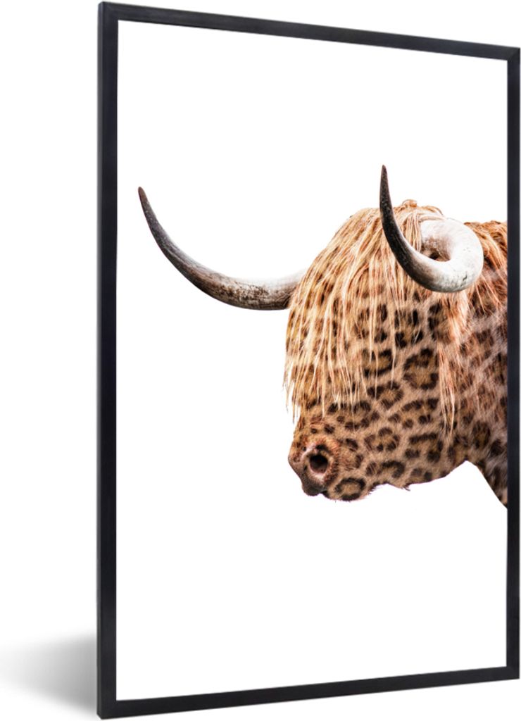 MuchoWow MuchoWow Gerahmtes Poster Schottisches Hochlandrind - Panther - Spiel 40x60 cm - Poster mit zchwarzem Bilderrahmen - Papierdruck - Wan...