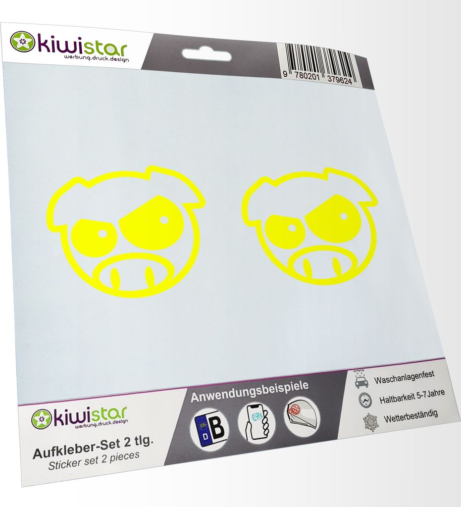 Kiwistar - 2x Kennzeichenaufkleber - neongelb - 21 mm Wütendes Schwein - Angry Pig - Autoaufkleber - Aufkleber für Auto, Laptop, Fahrrad, LKW, Mo...