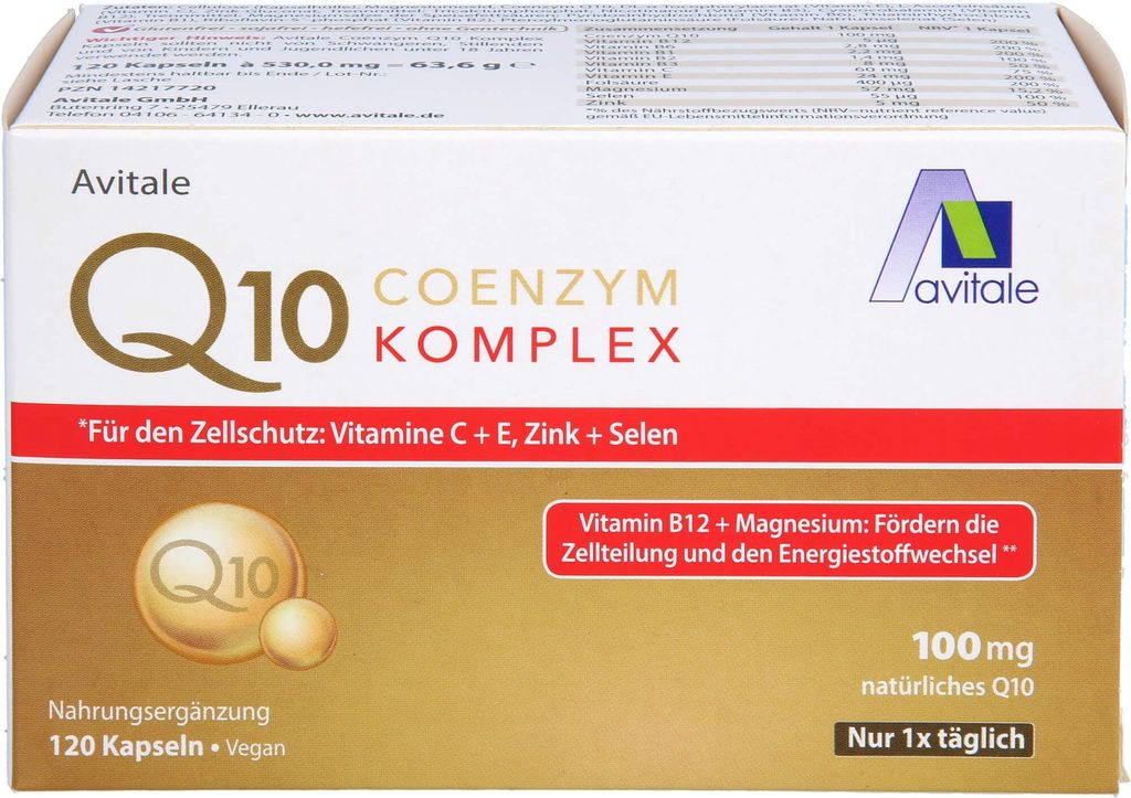 Avitale Coenzym Q10 Komplex Kapseln mit 100mg, rein pflanzlichem Coenzym Q10, Vitamin C, 120 Kapseln