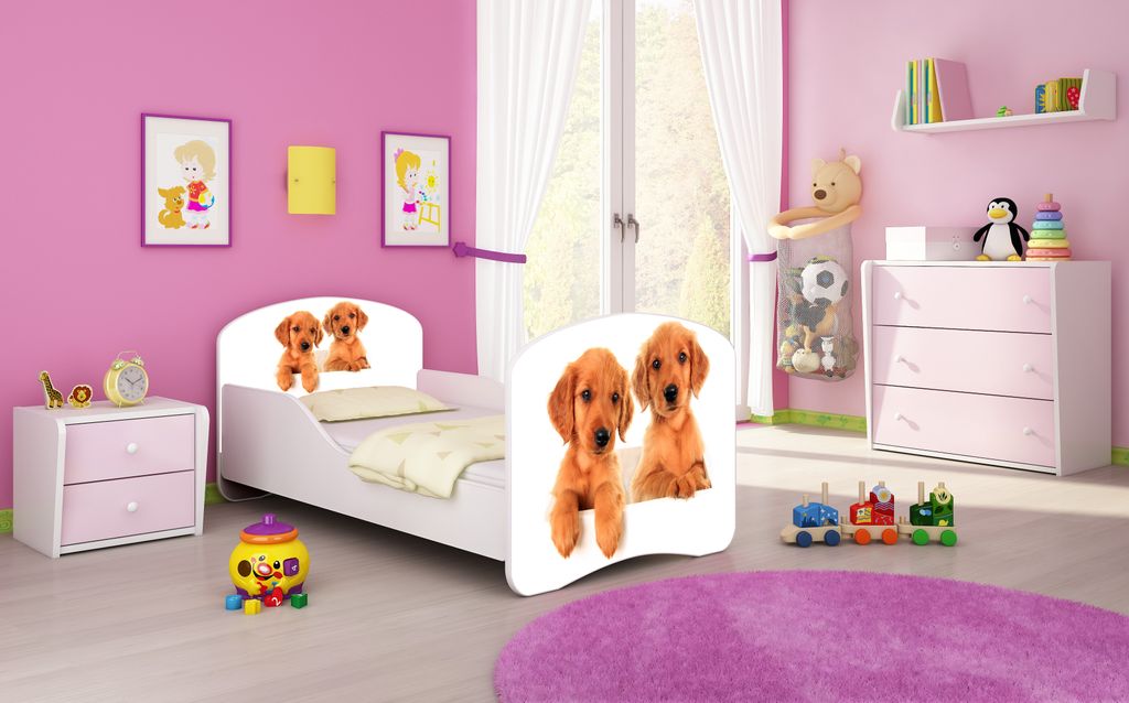 ACMA I Jugendbett Kinderbett Junior-Bett Komplett-Set mit Matratze Lattenrost Weiß 39 Welpen 160x80