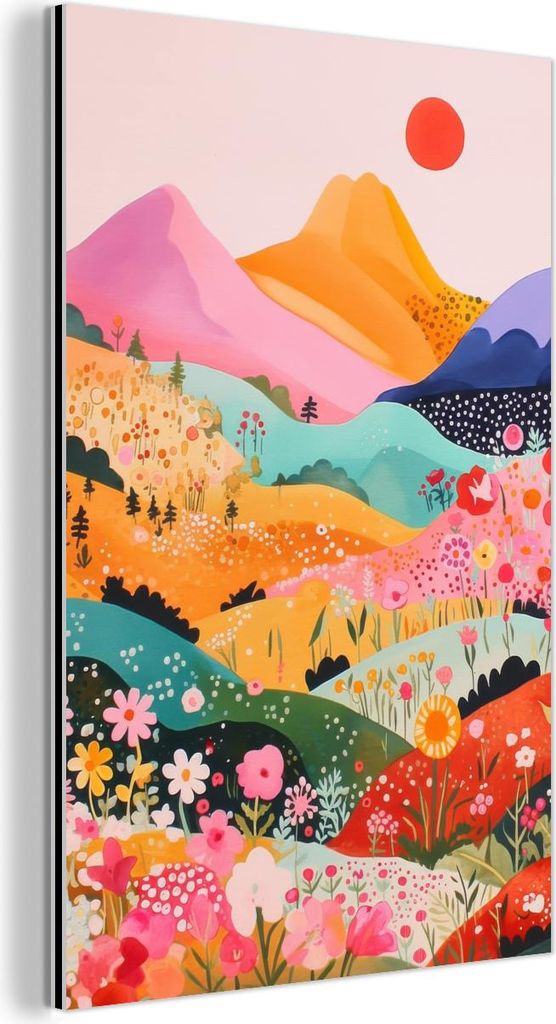 MuchoWow Wanddekoration Metall Metallbild Wandkunst 100x150 cm Bunte Blumen - Berge - Fantasielandschaft MuchoWow Aluminium Gemälde - Bild