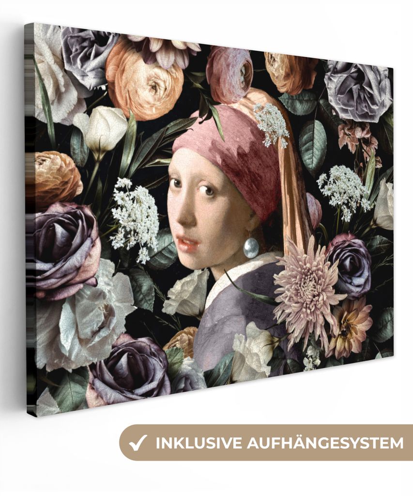 MuchoWow - Leinwandbilder - Mädchen mit Perlenohrring - Blumen - Vermeer - Pastell - Kunstwerk - Gemälde - Alte Meister, Wandbild, Wanddeko Bil...