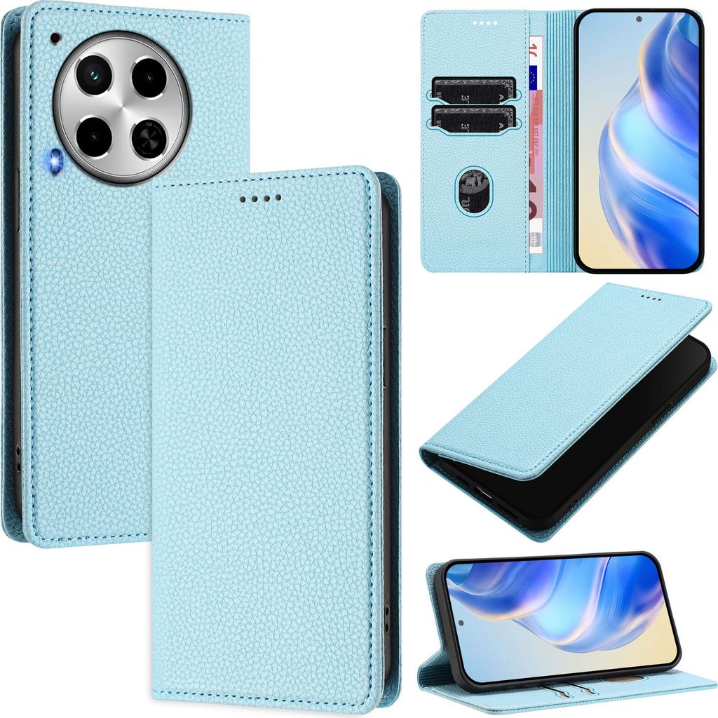 Litchi Leder Handyhülle für Tecno Camon 30 4G/Camon 30 5G Wallet Kartenfächer Standfunktion Hülle Hellblau