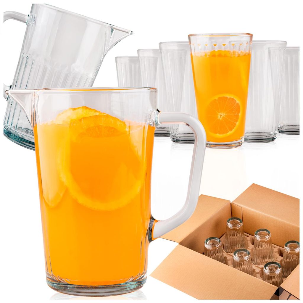 SuperButelki.pl – ARVID 1-Liter-Glaskrug-Set, 6 Gläser, 370 ml, für Wasser, Softdrinks und Saft, dickes, geriffeltes Glas, mit Henkel, praktisch