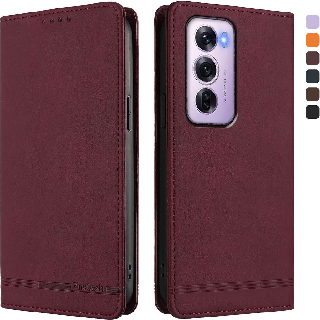 Hülle für Oppo Reno12 Pro 5G, Retro Kunstleder Ständer Klapphülle mit Kartenfächer und Magnetische Rot