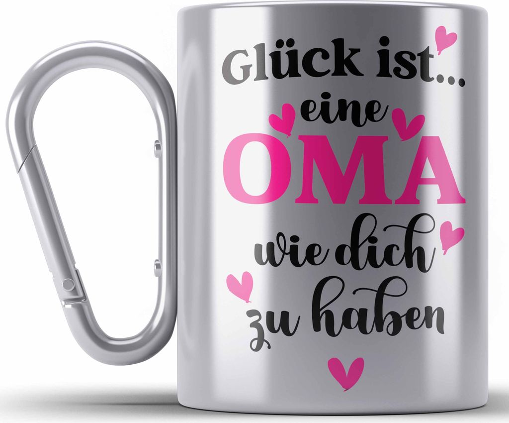 Trendation - Oma Edelstahl Tasse Karabiner mit Spruch Geschenk von Enkel für Beste Oma Muttertag Geburtstagsgeschenk (Silber)