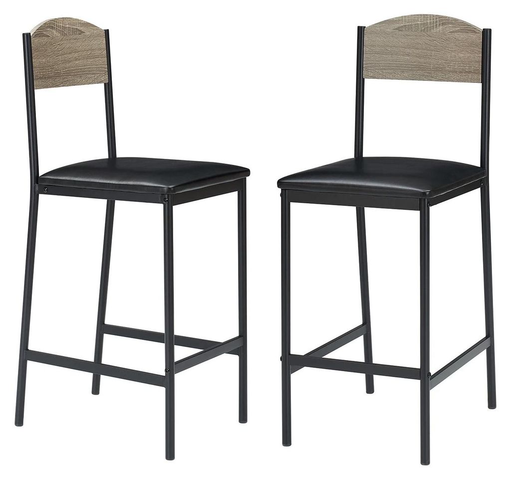 Bartisch Set - Esstisch mit 2 Stühlen - Weinregal & Glashalter - Metallgestell - Gepolsterte Stühle - Industrieller Stil - Grau