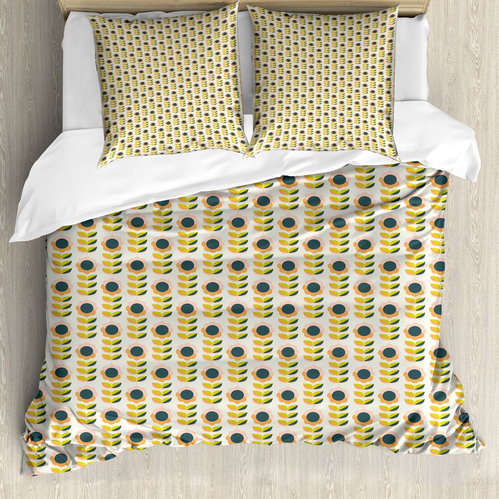 ABAKUHAUS Blumen Bettbezug Set für Einzelbetten, Blumen und Blätter Symmetric, Milbensicher Allergiker geeignet mit Kissenbezug, 200 cm x 200 cm ...