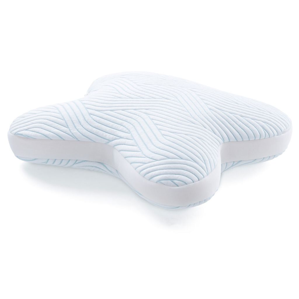 A light blue and white pillow with a wave-like pattern.