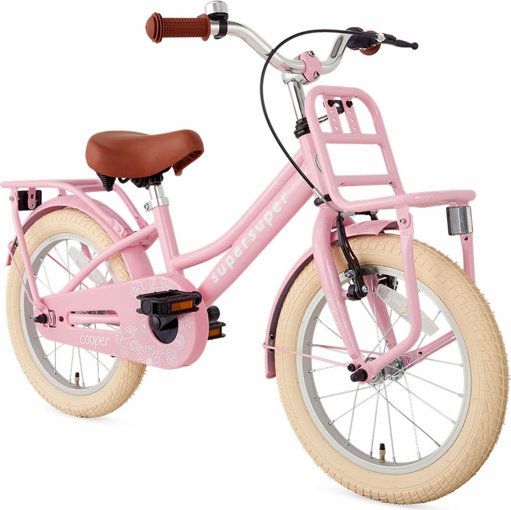 Popal | Kinder | Mädchen | Hollandrad | Nostalgie | Cooper 16 Zoll | Rosa | Vorderradträger | Super Super | Rücktrittsbremse