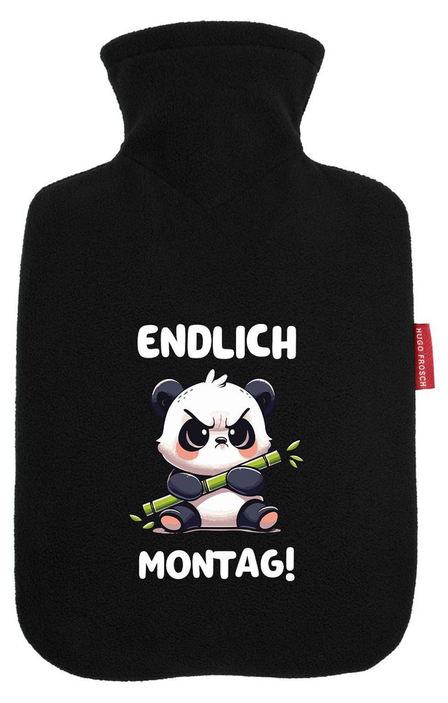 Huuraa Wärmflasche Endlich Montag grimmiger Panda 1,8 Liter Black Classic Veloursbezug Bettflasche Geschenkidee