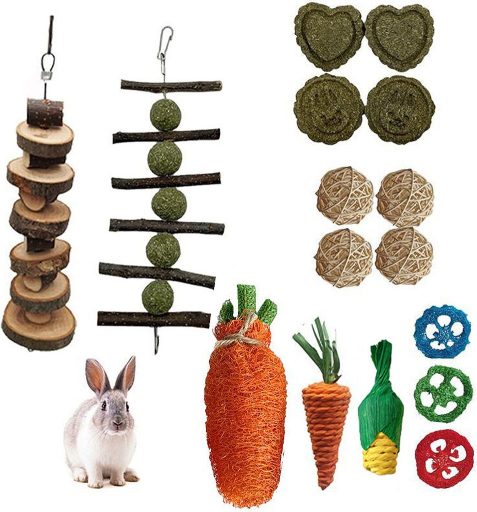 16PCS Nagetier Kauspielzeug Set, Bunny Leckerbissen Und Ball Timothy Heu Stick Spielzeug Für Kaninchen Bunny Meerschweinchen Chinchilla Hamster