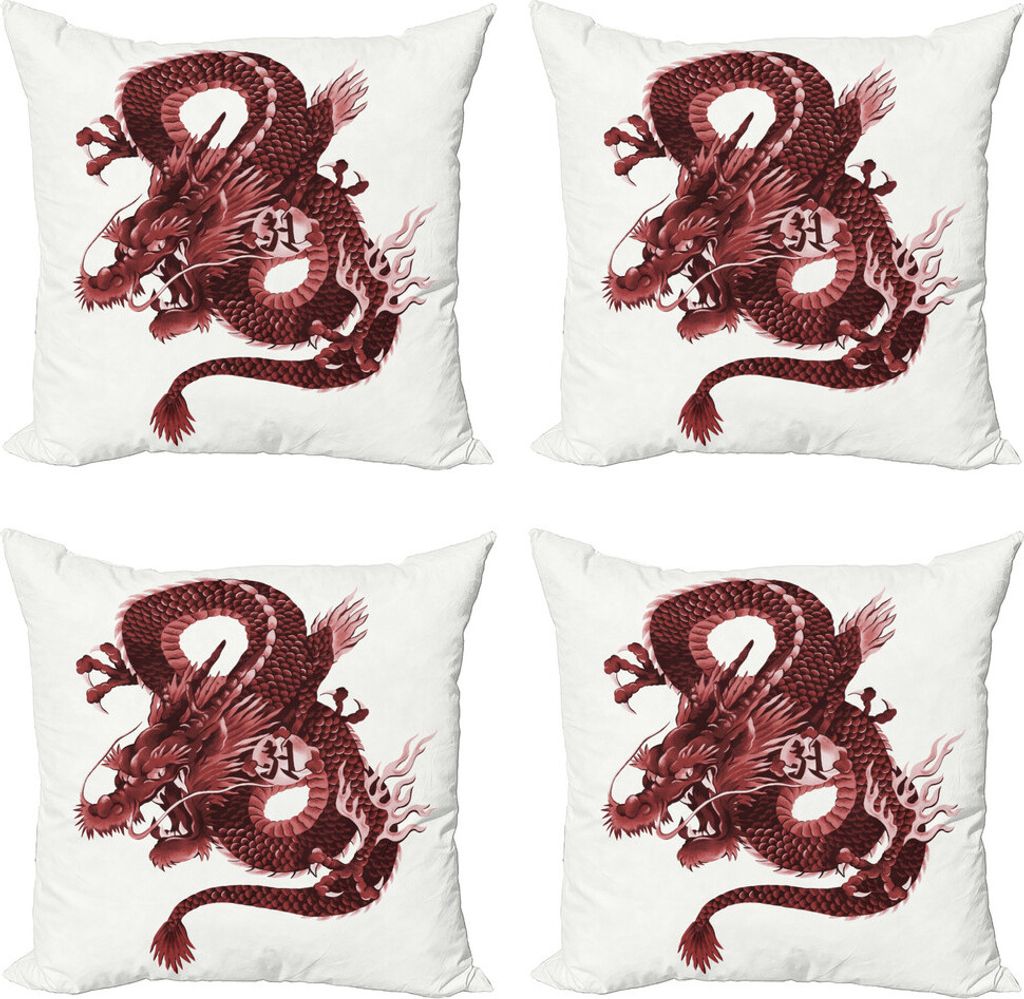 ABAKUHAUS Drachen Kissenbezug Set (4 Stück), Japanisches Edler Monster, Moderner Doppelseitiger Digitaldruck, 60 cm x 60 cm, Pale Pink und Burgund