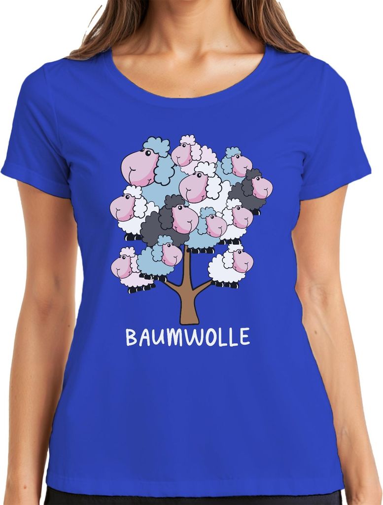 Baumwolle Schafbaum Cartoon Baumwollbaum Schafe Bauernhof Humor Damen T-Shirt, Blau, S