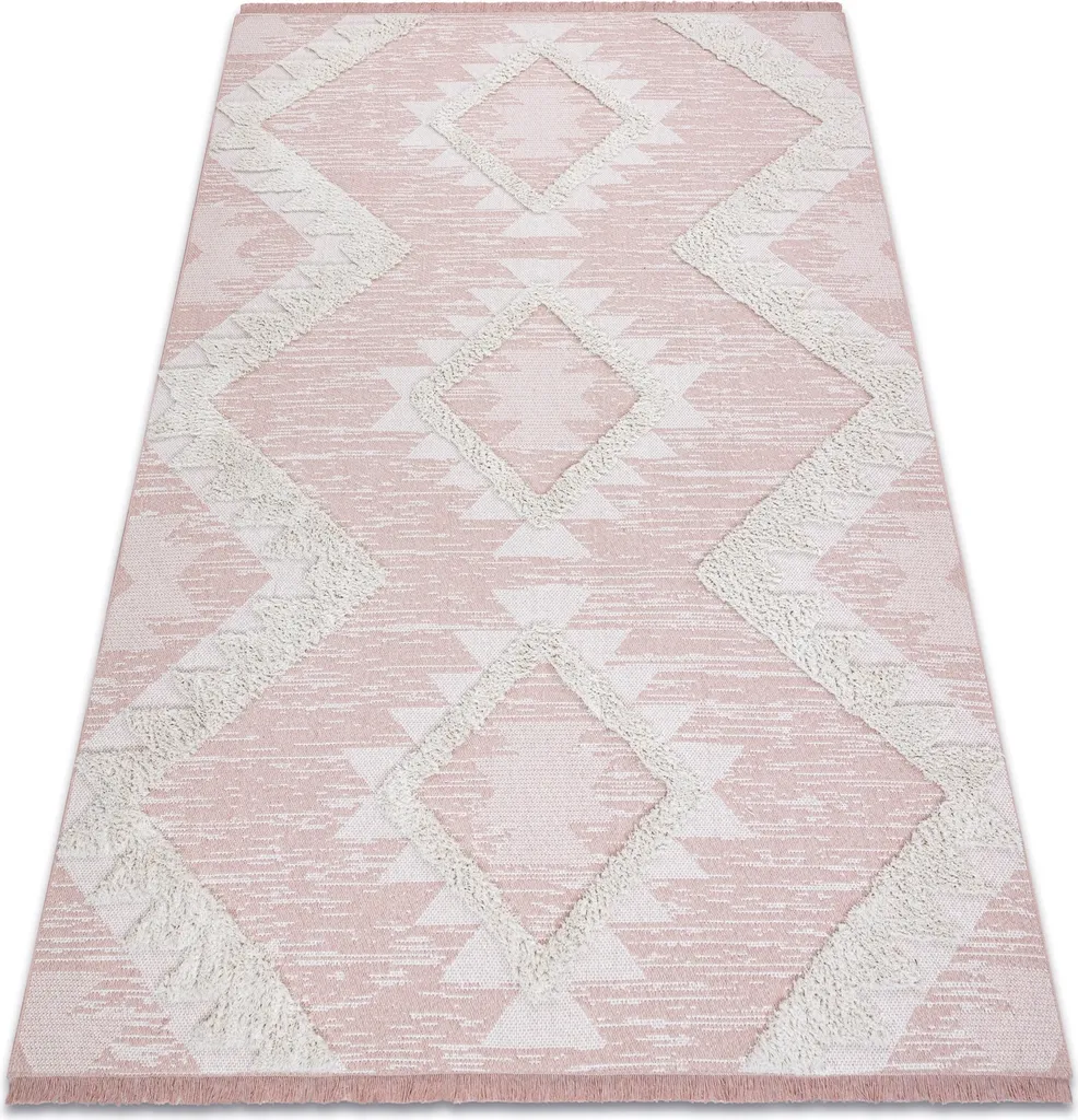 Tapis Sisal Boho Moroc 22312 à Pompons Rose et Crème - 155x220 cm