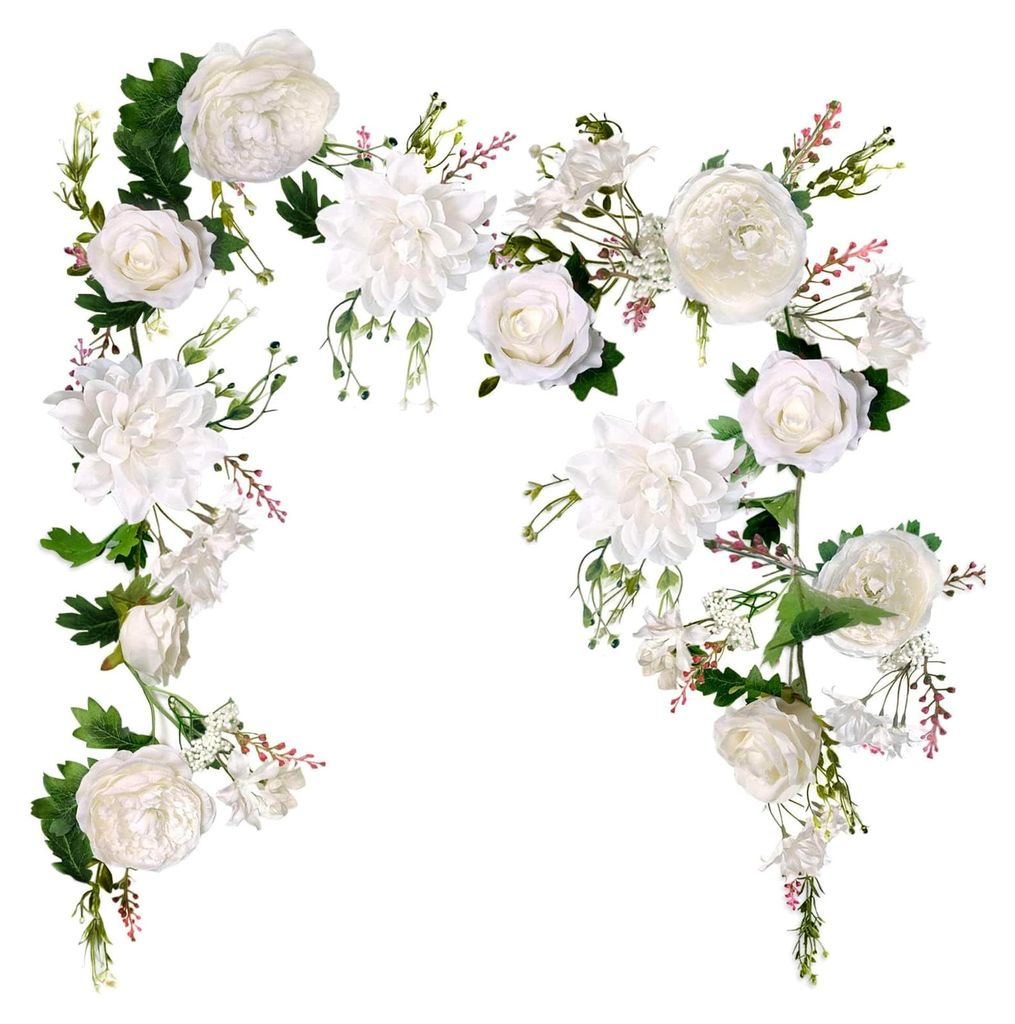Pfingstrosen-Girlande, künstliche Blumen, Dekogirlande für Tisch, Hochzeit, Party, Wand- und Heimdekoration (Elfenbein)