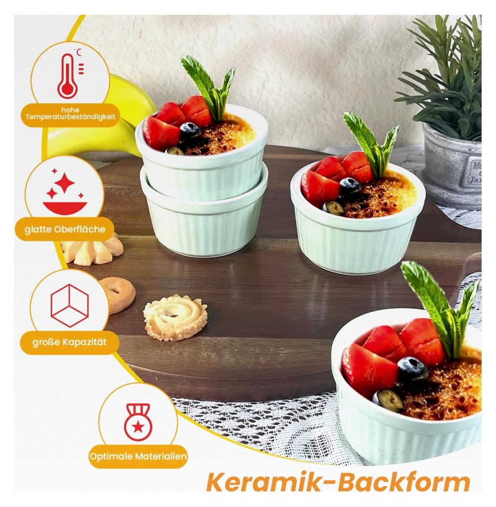 Creme Brulee Schälchen 6 Stück, 200 ml, Backofenfeste Souffléförmchen in Grün