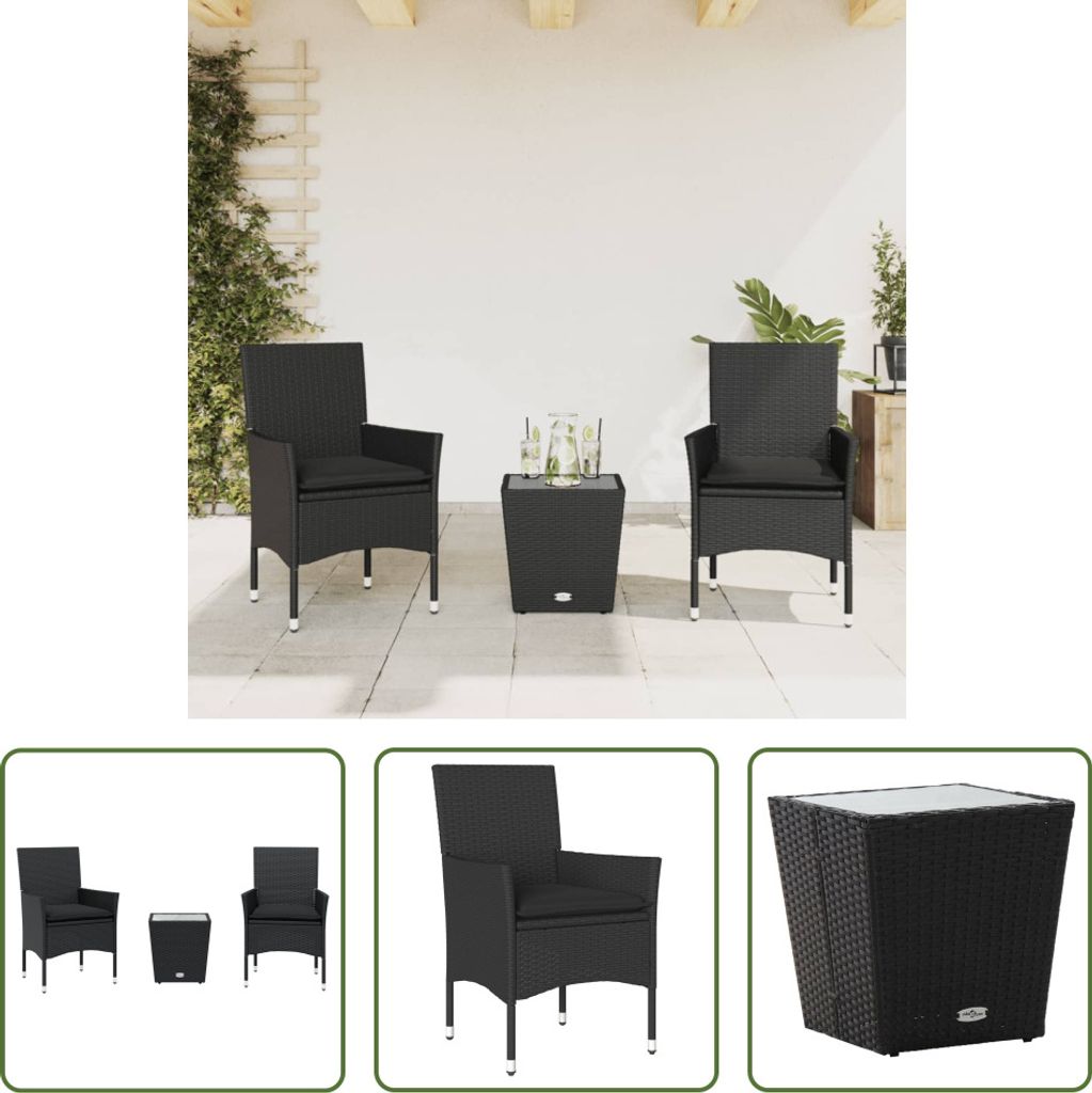 The Living Store 3-tlg. Bistro-Set mit Kissen Schwarz Poly Rattan und Glas