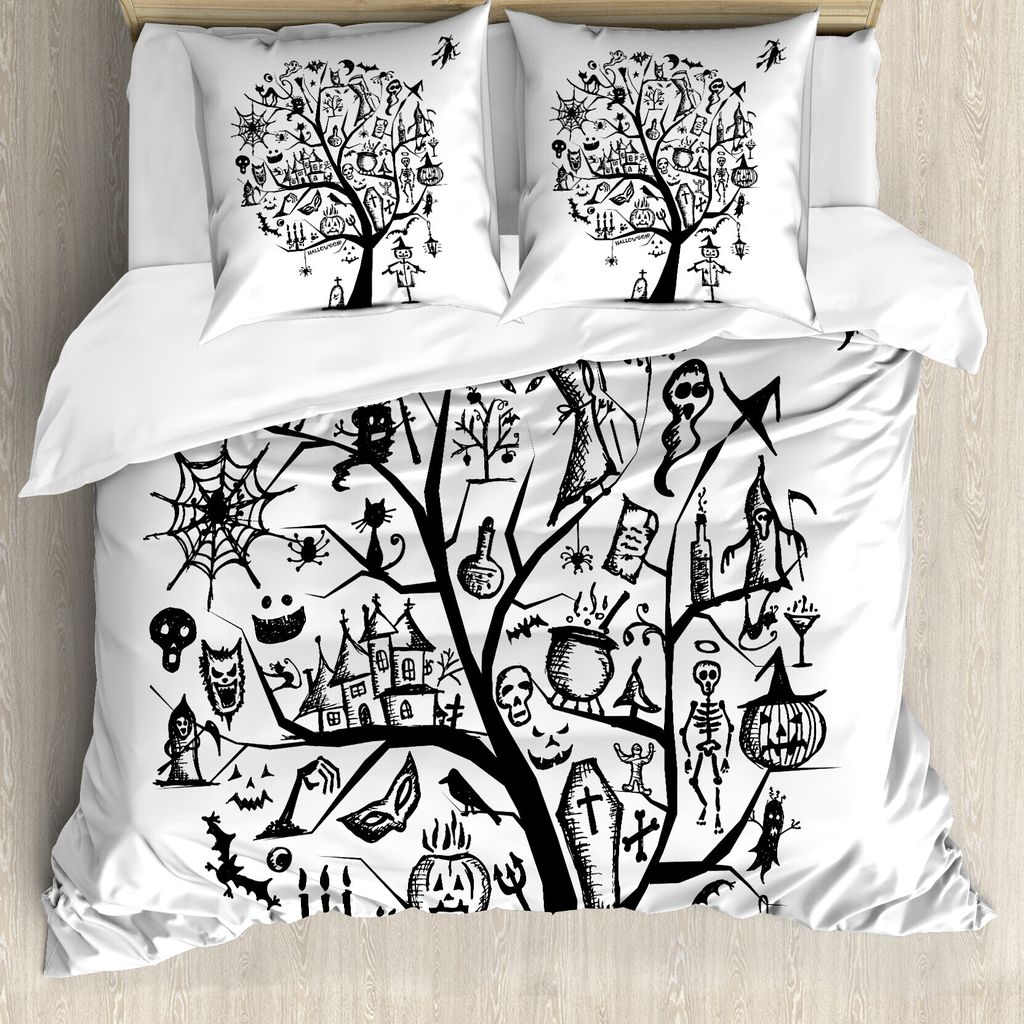 ABAKUHAUS Halloween Bettbezug, Fliegen-Hexe, Milbensicher Allergiker geeignet mit Kissenbezügen, 155 cm x 220 cm - 80 x 80 cm, Schwarz-Weiss