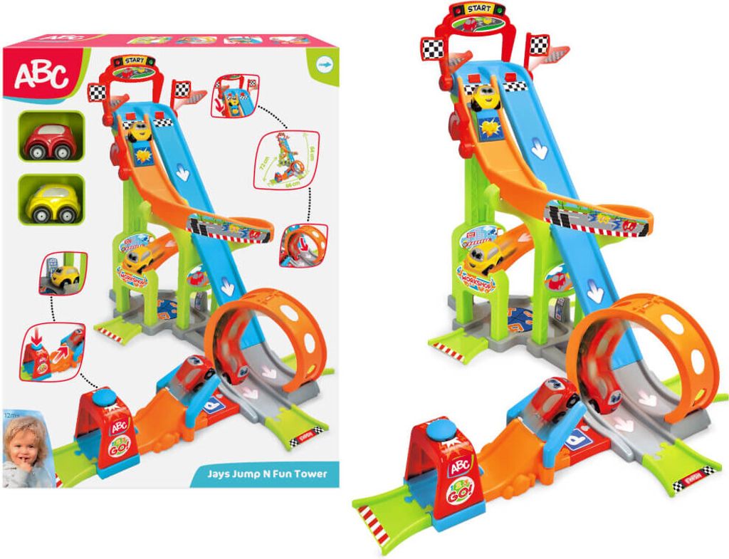 A collage of images showing a toy car race track and its components, with one image featuring a child.