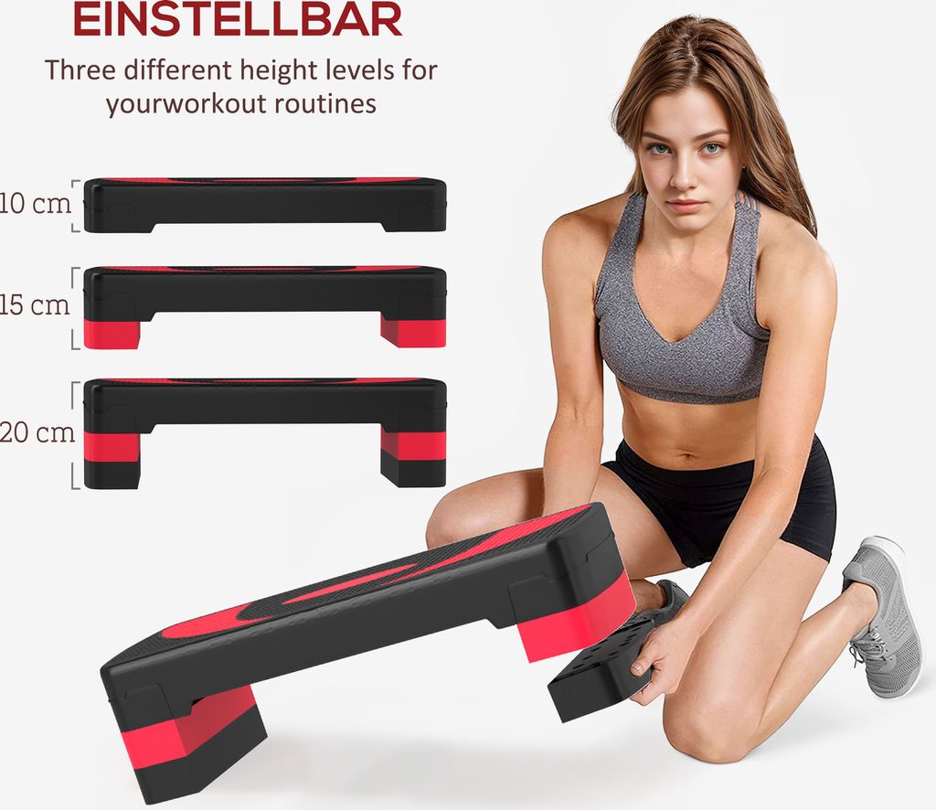 HOMCOM Aerobic-Stepper, Höhenverstellbar Mit 3 Stufen, Fitness Heimtrainer Für Indoor Und Outdoor Schwarzrot