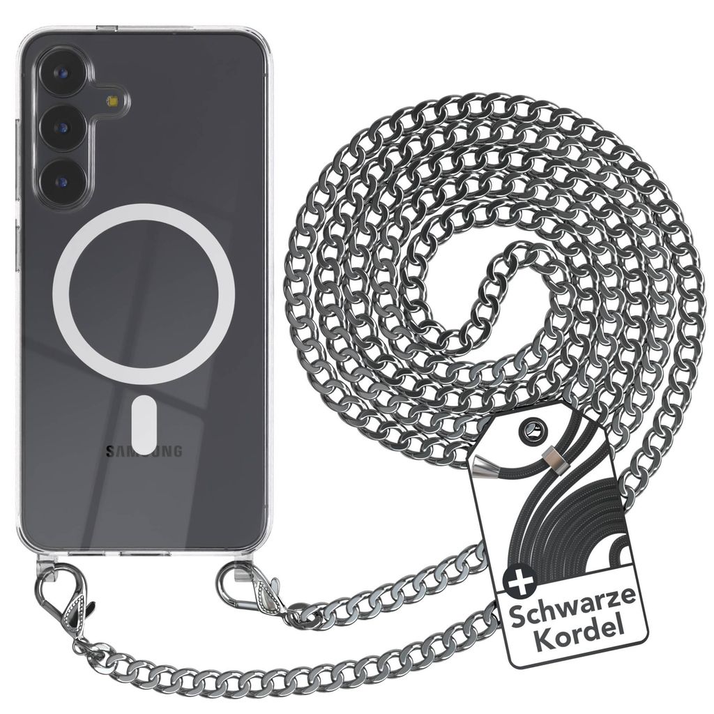 EAZY CASE Handykette kompatibel mit Samsung Galaxy S25 FE Kette zum Umhängen aus Metall, Silikonhülle mit Band, stoßfest, mit MagSafe in Silber