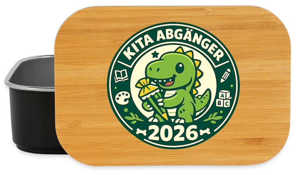 Spreadshirt Kita Abgänger 2026 Dino Mit Schultüte Brotdose mit Bambusdeckel, One size, Schwarz