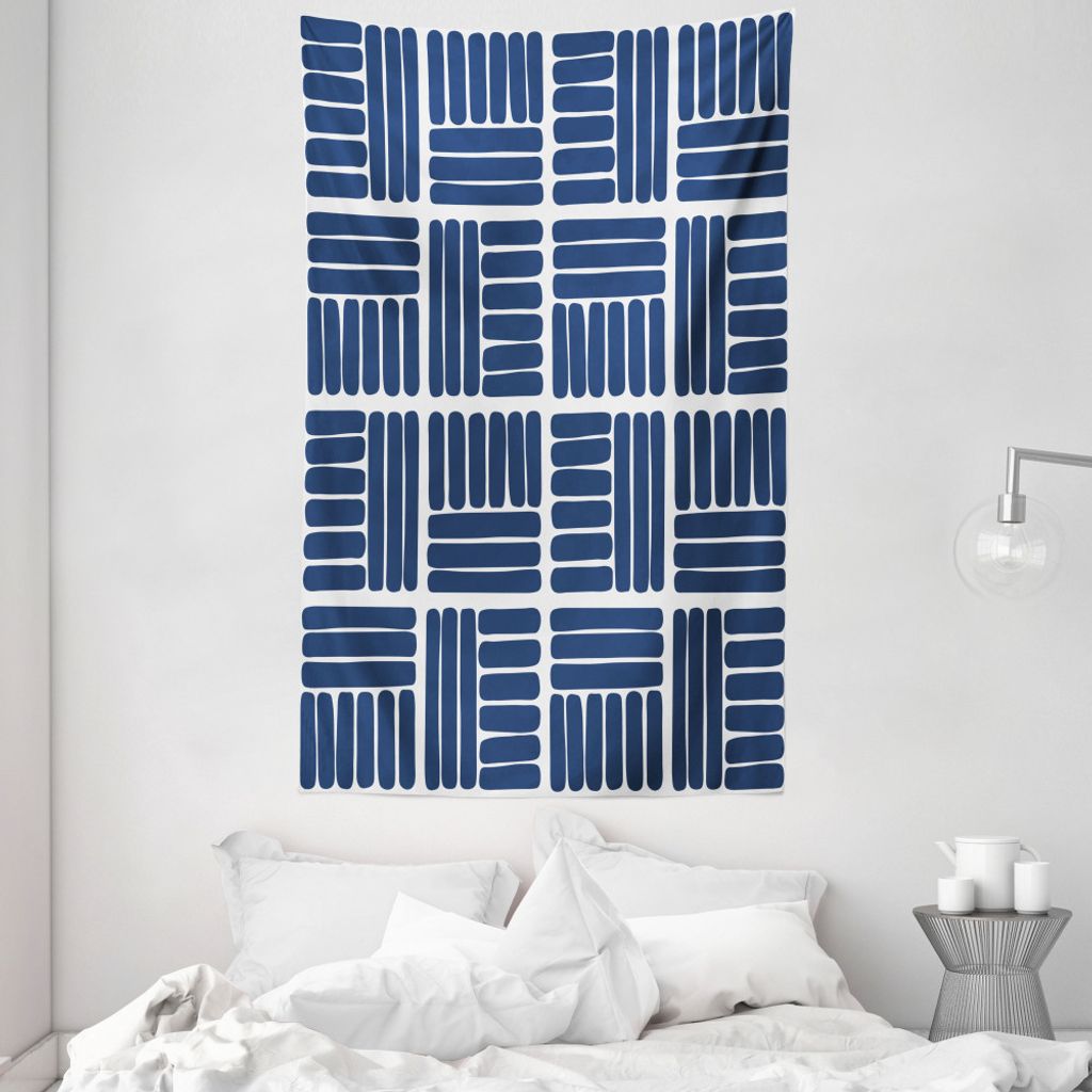 ABAKUHAUS Navy blau Wandteppich und Tagesdecke, Streifen in Quadrate aus Weiches Mikrofaser Stoff Waschbar ohne Verblassen Digitaldruck, 140 x 230 ...