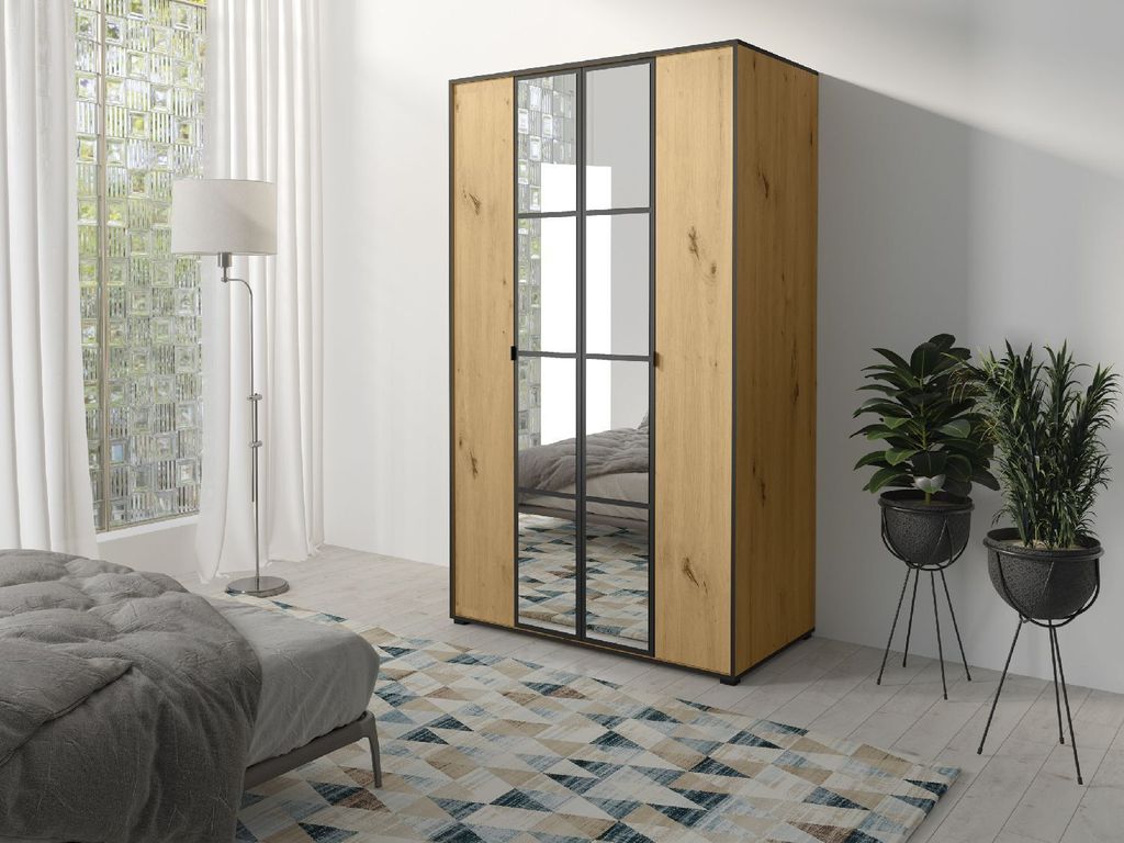 Kleiderschrank Schiebetürenschrank mit Kleiderstange OSLO I 120 mit Spiegel Eiche Artisan