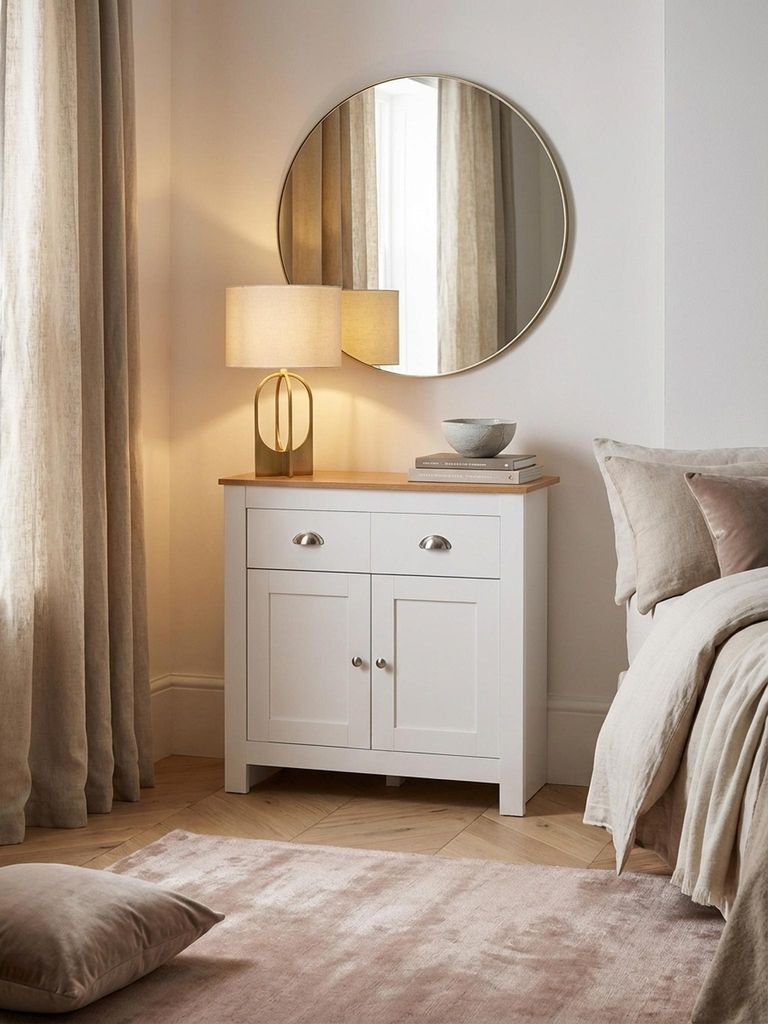 Sideboard mit 2 Schubladen 79x81x34,5 cm Kommode Weiß / Eiche Modern, Design Anrichte Hoch mit Türen, Schubladenkommode Wohnzimmer