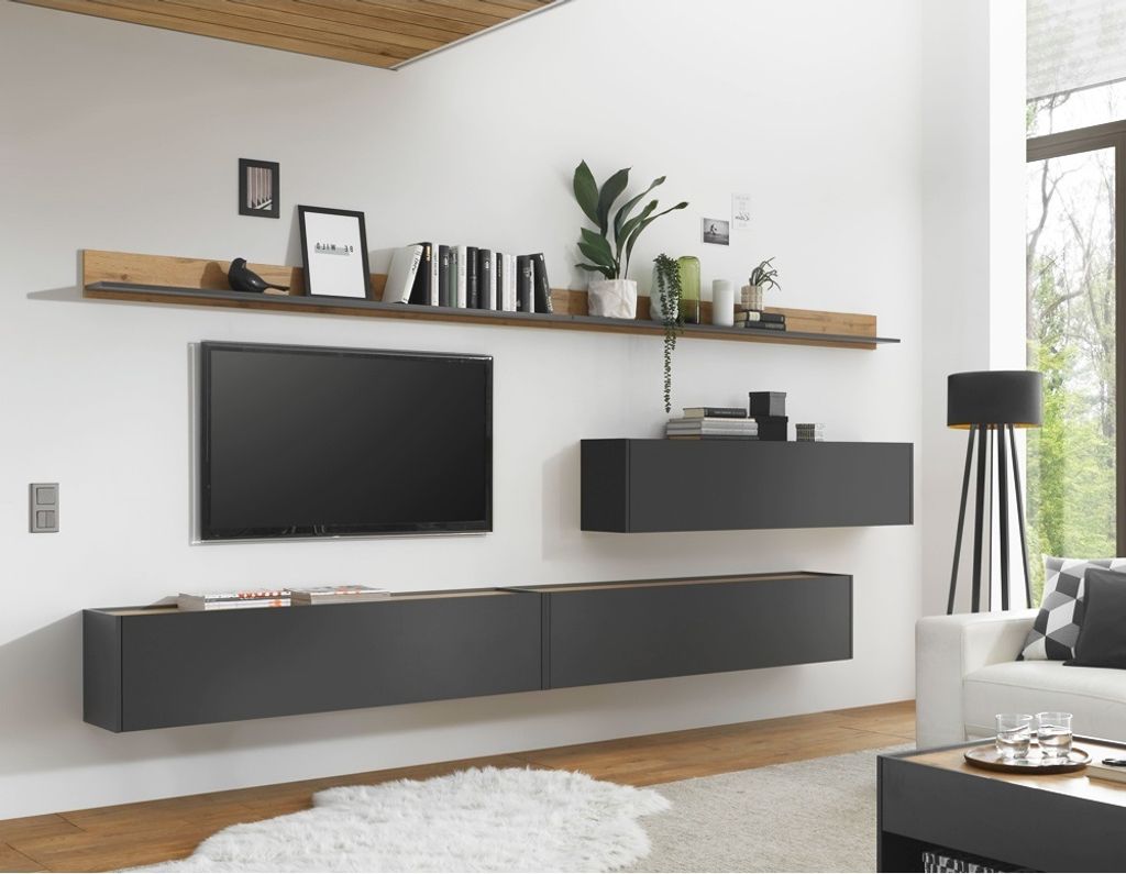 Hängende TV Wohnwand CRISP-61 in anthrazit mit Absetzungen in Wotan Eiche Nb., B/H/T: ca. 340/180/30 cm