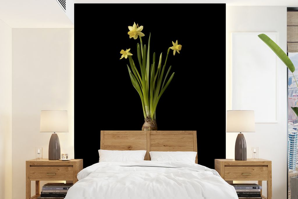 MuchoWow Fototapete für Wohnzimmer oder Schlafzimmer Wandtapete Vinyl Motivtapete Eine gelbe Narzisse auf schwarzem Hintergrund - 205x280 cm - W...