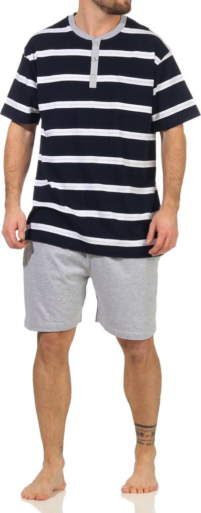 Herren Shorty kurzarm Schlafanzug Pyjama in Streifenoptik und mit Knopfleiste - 112 90 714 ; marine , 52