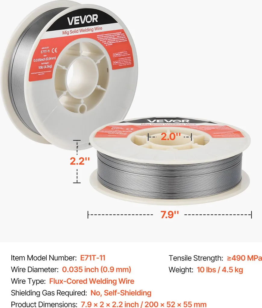VEVOR filo animato 0,9 mm E71T-11, filo per saldatura MIG, bobina da 4,5 kg per acciaio da costruzione con bassa formazione di spruzzi per tutte le posizioni di saldatura, autoprotettivo per uso esterno, 1 pz. - 7