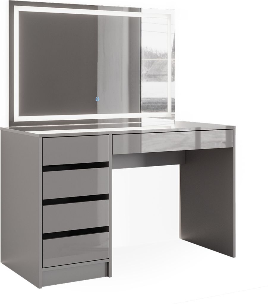 A modern, gray vanity table with a large LED-lit mirror.