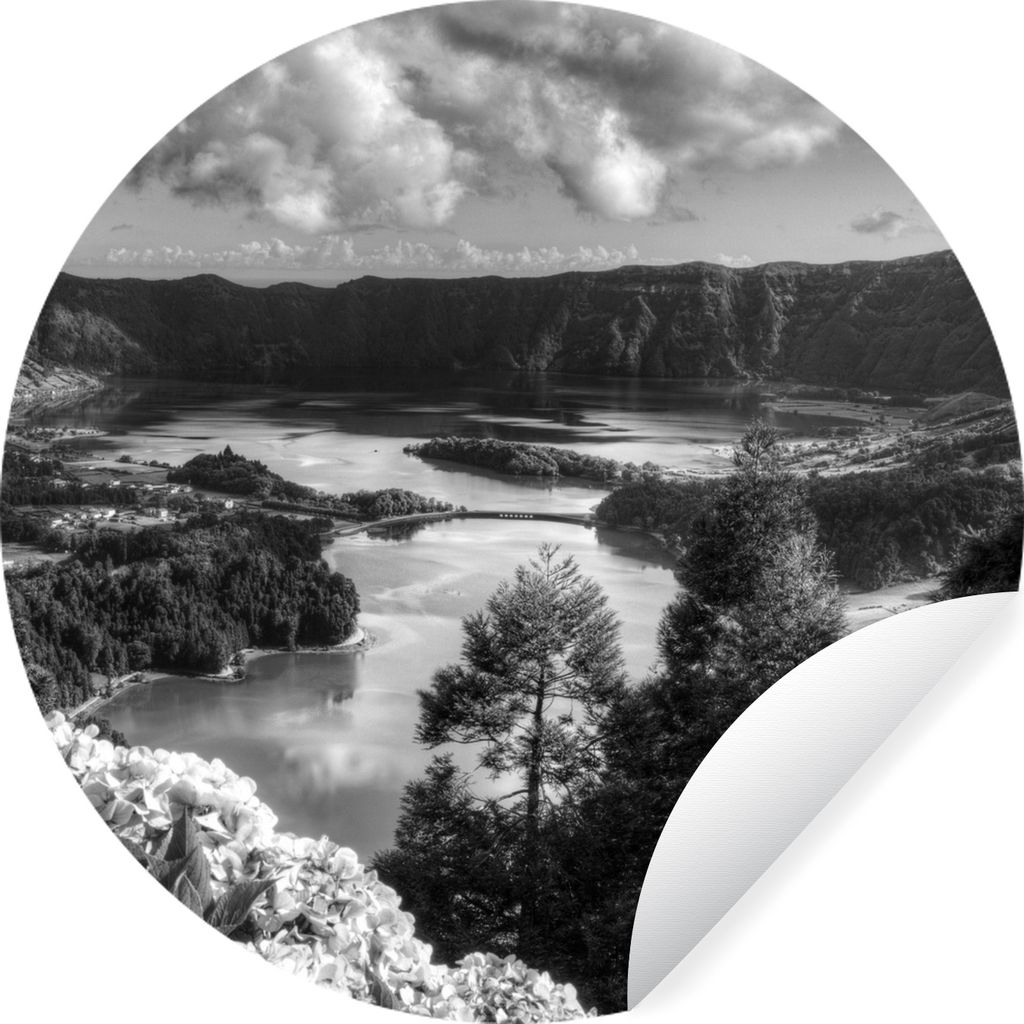 MuchoWow Runde Wandtattoo - Wandsticker Tapete Aufkleber Azoren - Natur - Wasser - Schwarz - Weiß Ø 30 cm Selbstklebend und Repositionierbar - ...