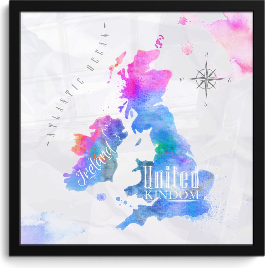 MuchoWow MuchoWow Gerahmtes Poster Weltkarte - England - Ölfarbe 40x40 cm - Poster mit zchwarzem Bilderrahmen - Mit Rahmen - Wanddekoration Sc...
